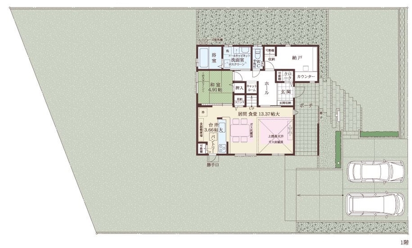 【RECO】敷島住宅　注文住宅課 大きな庭で家族の時間を大満喫　のびのびと子育てできる家づくりの間取り図（4LDK）１階
