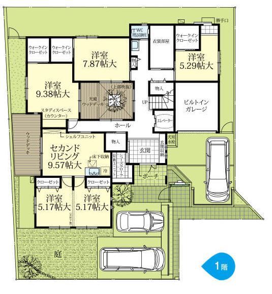 【RECO】敷島住宅　注文住宅課 まるで空に浮かんだ空中リビング！ 暮らしの中に古都の大パノラマを。親子三世代で暮らす理想の家の間取り図（６LDK＋WIC）１階