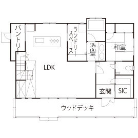 OREGON（オレゴン）の家　日本物産 【40坪台/3000万円台/間取りあり】25帖の広々LDKのある家。住み心地抜群なアメリカンハウスの間取り図（4LDK）1階