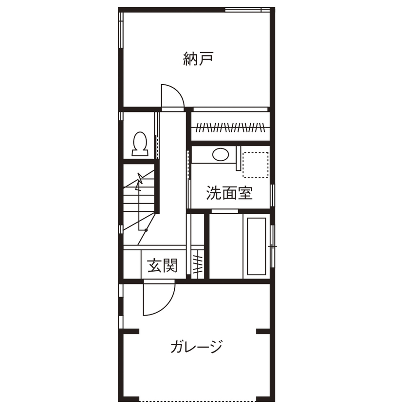 イオスホーム 【1000万円台/38坪/ガレージハウス/狭小住宅/間取り図】間口5mの狭小地で快適な暮らしを叶えた3階建て住宅の間取り図（2LDK＋納戸＋防音室）1階