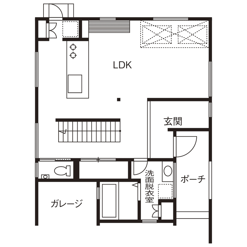 イオスホーム 【2000万円台/30坪台/家事分担/バルコニー/間取り図】予算内で実現！階段中心に回遊できる広々LDKの家の間取り図（3LDK）1階