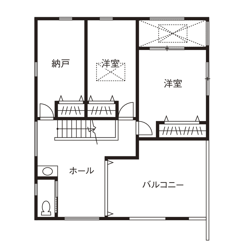 イオスホーム 【2000万円台/30坪台/家事分担/バルコニー/間取り図】予算内で実現！階段中心に回遊できる広々LDKの家の間取り図（3LDK）2階