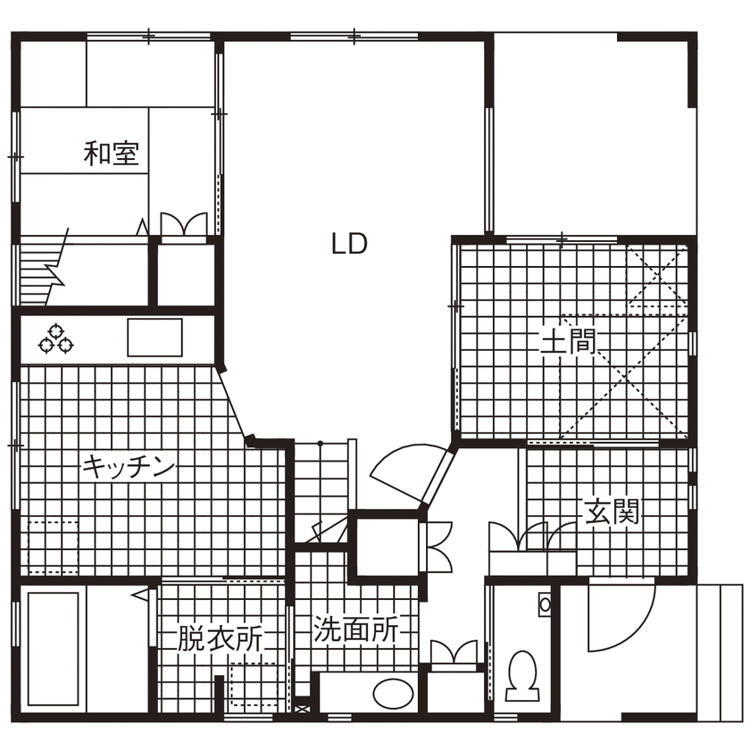 イオスホーム 【2000万円台/30坪台/ボルダリング/ロフト/間取り図】家事も遊び空間も綿密に設計した家を楽しむ注文住宅の間取り図（4LDK +書斎）1階