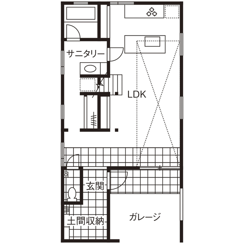 イオスホーム 【2000万円台/30坪台/ガレージ/吹き抜け/間取り図】性能も日当たりも計算されたオシャレなデザイン住宅の間取り図（1LDK）1階