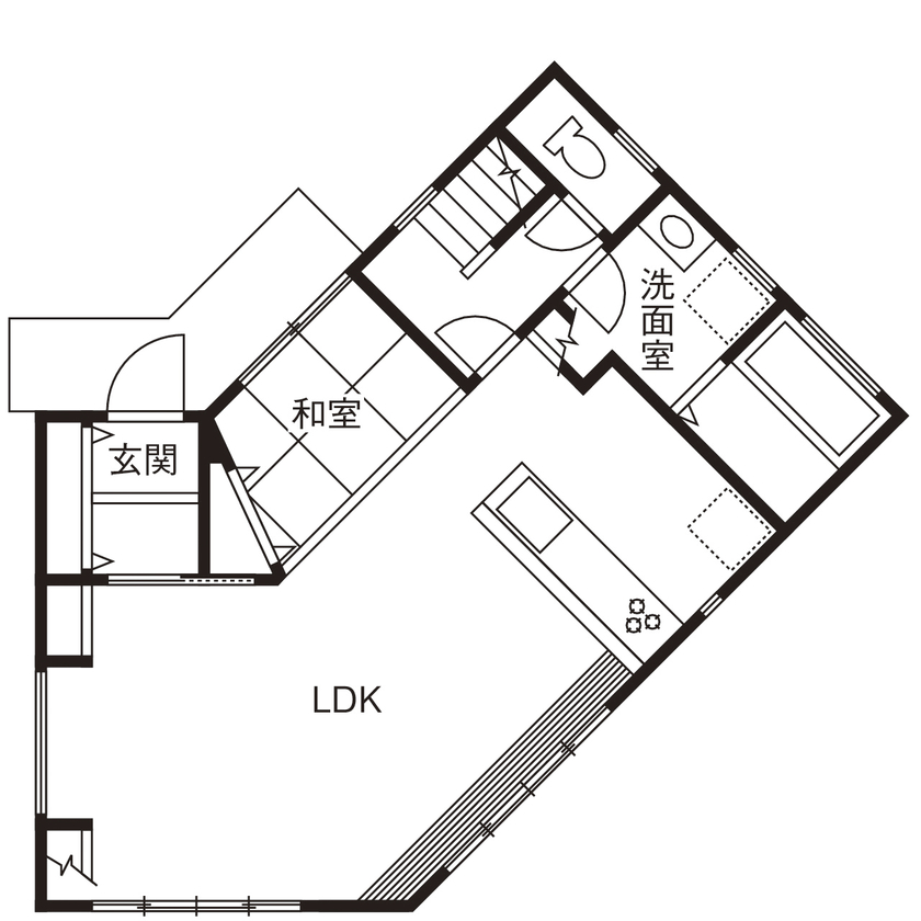 イオスホーム 【1000万円台/30坪台/変形地/間取り図】たっぷりと明るいLDKに車2台分の駐車スペースを設計力で叶えた家の間取り図（3LDK +畳スペース）1階