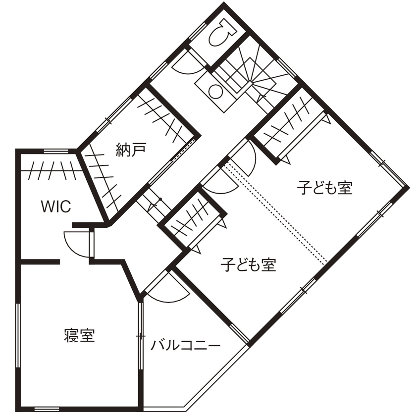 イオスホーム 【1000万円台/30坪台/変形地/間取り図】たっぷりと明るいLDKに車2台分の駐車スペースを設計力で叶えた家の間取り図（3LDK +畳スペース）2階