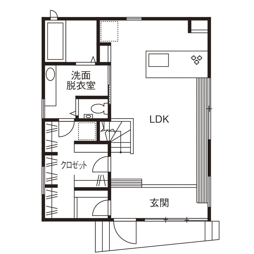 イオスホーム 【1000万円台/30坪台/天井高3.9m/間取り図】のびやかな大空間リビングと家族が自然に会話できる動線の家の間取り図（3LDK +収納）1階