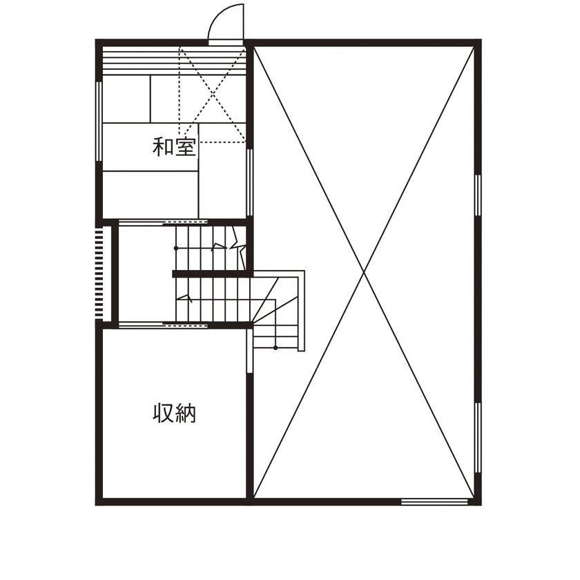 イオスホーム 【1000万円台/30坪台/天井高3.9m/間取り図】のびやかな大空間リビングと家族が自然に会話できる動線の家の間取り図（3LDK +収納）1.5階