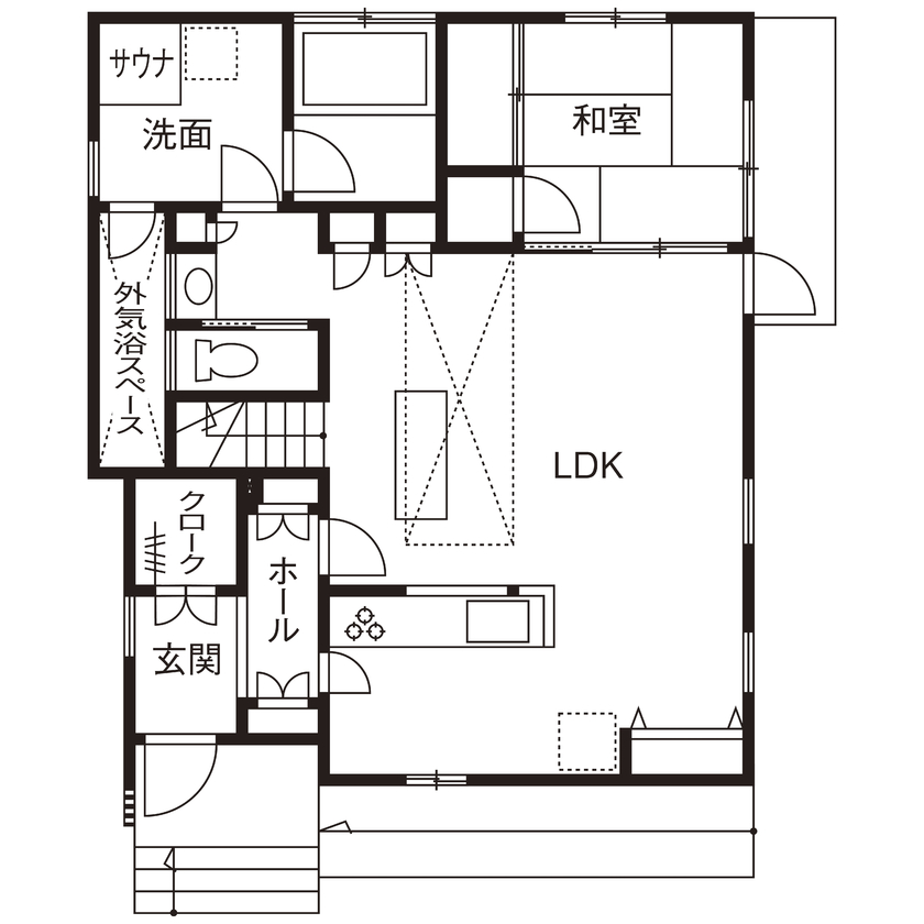 イオスホーム 【2000万円台/30坪台/サウナ/間取り図】効率いい家事動線で寛ぎ時間をプラス。予算と対応力重視の家づくりの間取り図（5K以上）1階