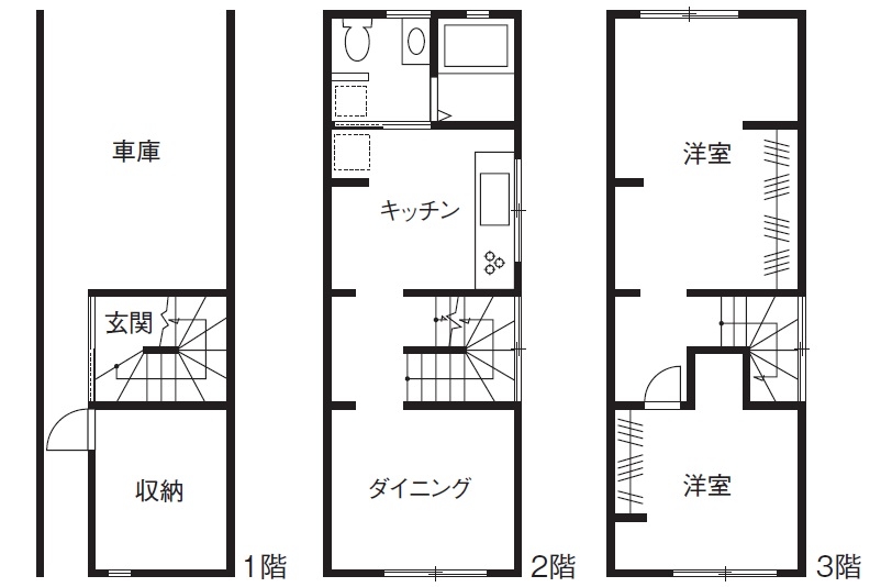 テクノ住研 【2000万円台/西宮/15坪/狭小/ビルドインガレージ】耐風・耐震性の高い家を予算内で。秘策は重量鉄骨×工夫の間取り図（3DK）Ｈ邸間取