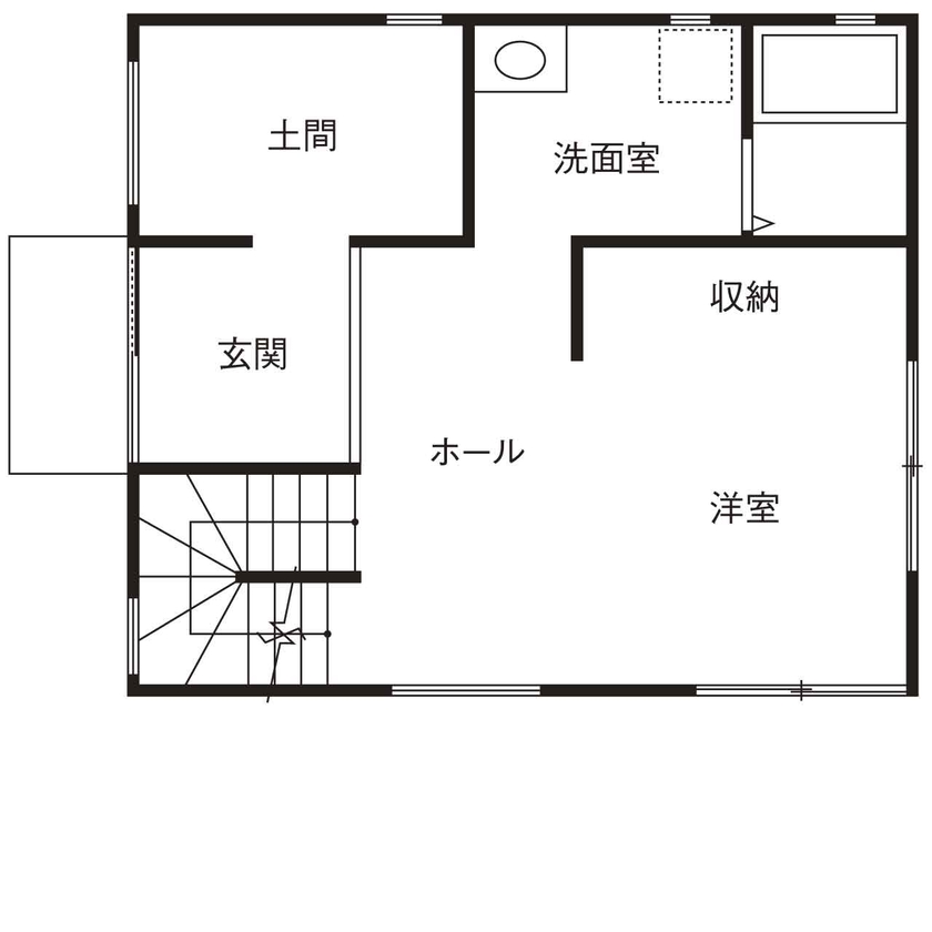 テクノ住研 【2000万円台/西宮/狭小/間取り図/21坪/3階建/はねだし】鉄骨と自然素材で和のアンティークが映える空間にの間取り図（２LDK+S（納戸））1階