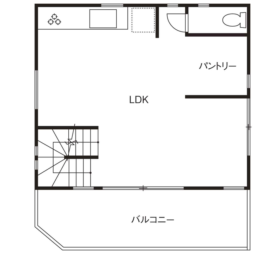 テクノ住研 【2000万円台/西宮/狭小/間取り図/21坪/3階建/はねだし】鉄骨と自然素材で和のアンティークが映える空間にの間取り図（２LDK+S（納戸））2階
