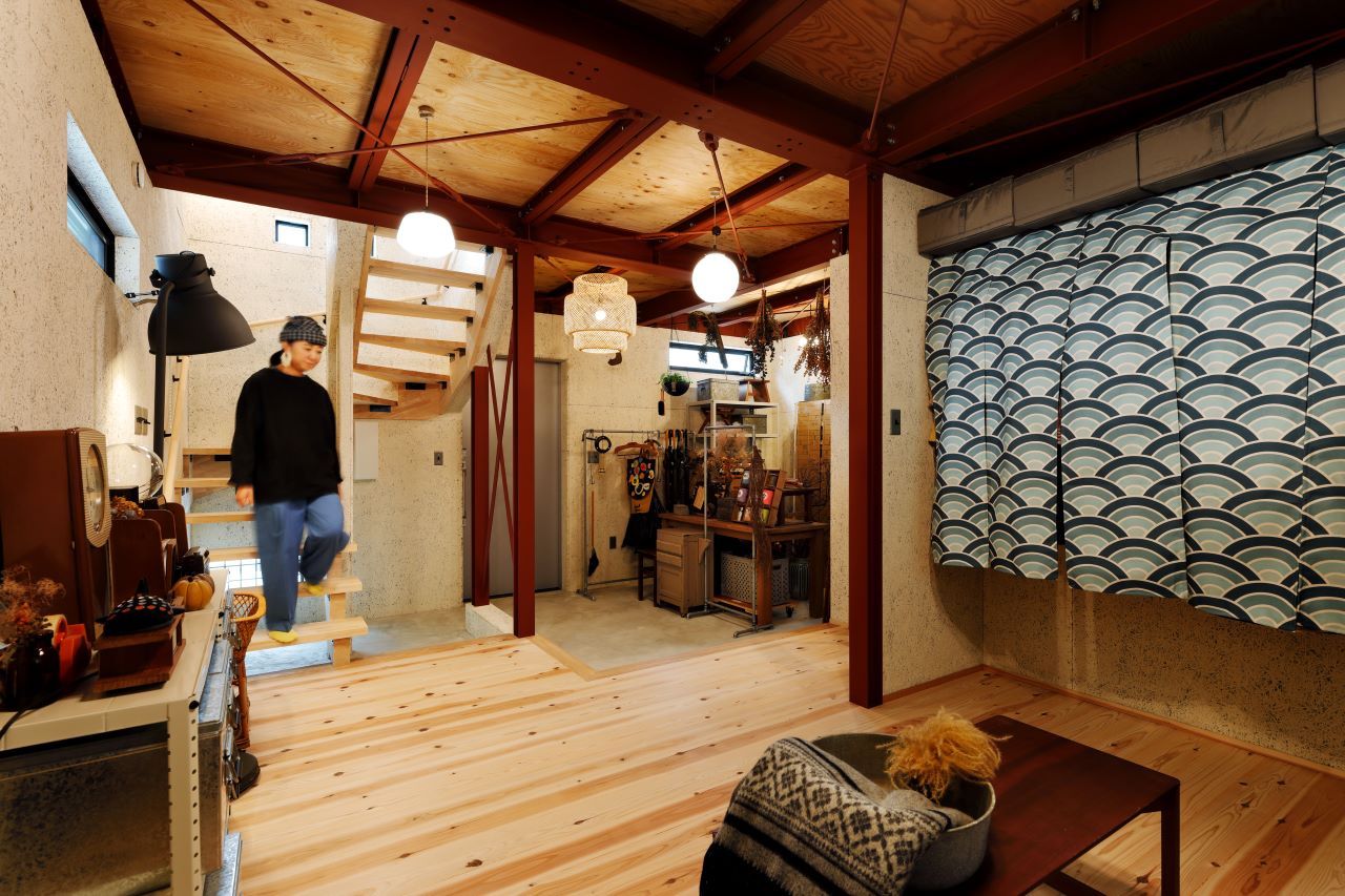 テクノ住研 【2000万円台/西宮/狭小/間取り図/21坪/3階建/はねだし】鉄骨と自然素材で和のアンティークが映える空間にの建築実例画像8