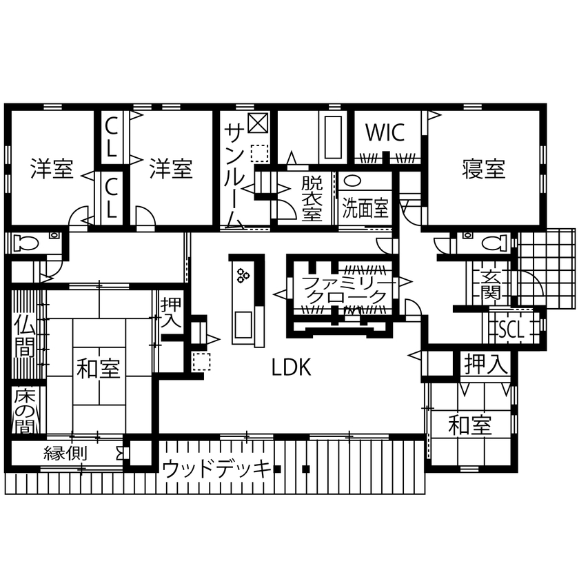 リーフハウス 【2000万円台×間取図有×平屋×サンルーム×和室】夫婦で協力しあえる家事動線を叶えた、カントリー風の家の間取り図（5LDK＋サンルーム）1階