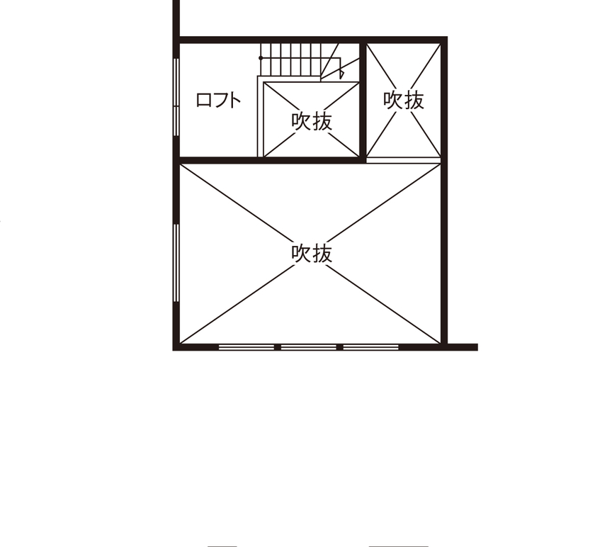 専門職組合 <2LDK+S間取図/収納充実/吹抜/ロフト>天井高3.6mの開放感溢れる、ペット暮らす「平屋スタイル」の家の間取り図（2LDK+S）ロフト