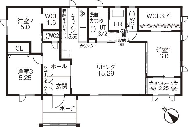 専門職組合 <札幌市/3LDK間取図/収納充実/平屋>ゆったり動線で「家事の時間が半分以下に！」50代からの将来を見えた家の間取り図（3LDK）１階
