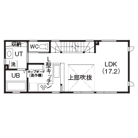 専門職組合 <札幌市/3LDK間取図/3階建/収納充実/吹抜>開放感のある2階リビング、ペットとの穏やかな暮らしを叶えた家の間取り図（3LDK）２階