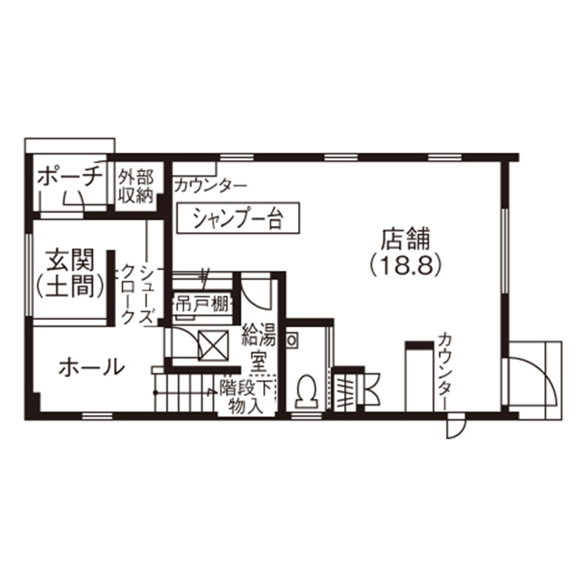 専門職組合 <札幌市/3LDK＋店舗/4人家族/3階建/収納充実>仕事とプライベートと切り替えられる理想の暮らしができる家の間取り図（3LDK＋店舗）1階