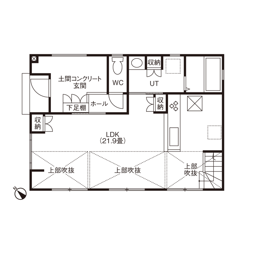 専門職組合 <4人家族/吹抜け/ホール/3LDK間取図/収納充実>アウトドア派の家族の絆を育む、遊ぶ、寛ぐ、楽しい家の間取り図（3LDK）1階