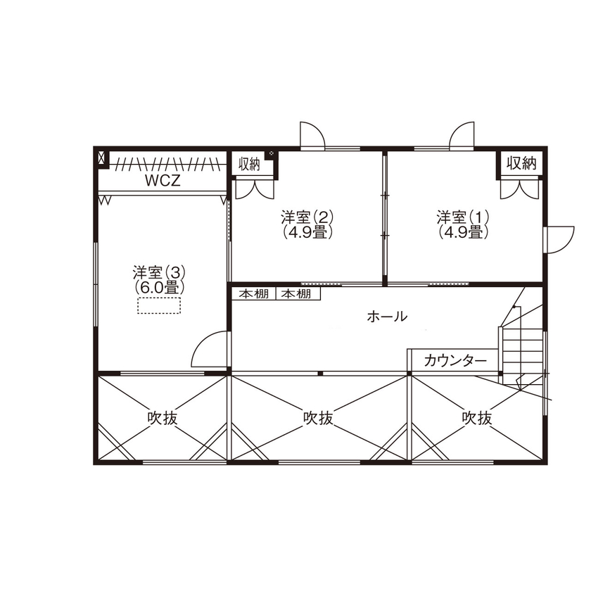 専門職組合 <4人家族/吹抜け/ホール/3LDK間取図/収納充実>アウトドア派の家族の絆を育む、遊ぶ、寛ぐ、楽しい家の間取り図（3LDK）2階