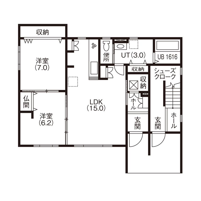 専門職組合 < 2LDK+3LDK間取図/北欧風/収納充実>ナチュラルで明るく、家族みんながのびのび暮らせる2世帯住宅の家の間取り図（2LDK+3LDK）1階