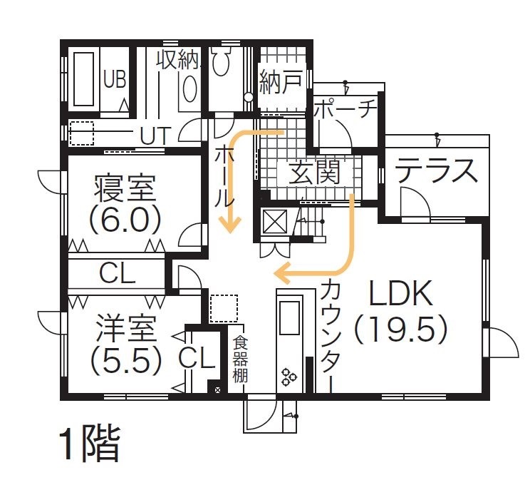 専門職組合 < 3LDK間取図/収納充実/30坪/吹抜>高台からの風景を取り込み、居心地の良さを追求した家 の間取り図（3LDK）１階
