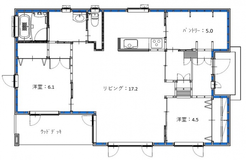 専門職組合 <札幌市/2LDK/収納充実/ソーラーパネル/パントリー>収納充実、暮らしが考え抜かれた愛犬と夫婦のための平屋の間取り図（2LDK）1階