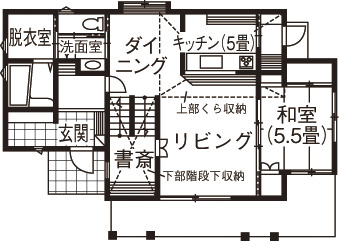 マルニホーム 【38.8坪/2,000～2,400万円】じっくり納得しながら進めた家づくり。スキップフロアが家族を繋ぐ家の間取り図null1階