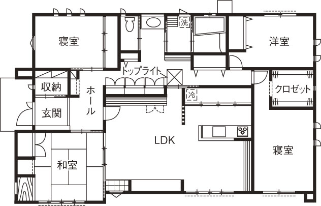 マルニホーム 【41.5坪/2000～2499万円】体に優しい自然素材と空間を生かした高い天井が魅力の和モダン＆平屋住宅の間取り図（3LDK）1階