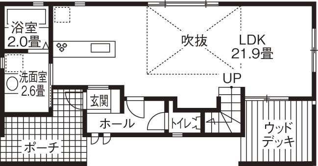 ＩＤ アーキテクチャル アトリエ 【4LDK間取図有/吹抜/ウッドデッキ/カウンター】より開放的に見せる、こだわりのコの字型デザインの間取り図（4LDK）1階