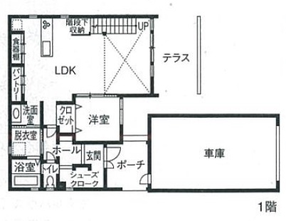 ＩＤ アーキテクチャル アトリエ 【4LDK間取図/吹抜/ガレージ/カウンター】真っ白なガルバリウム外壁が印象的な遊び心あふれる提案に大満足の間取り図（4LDK）１階