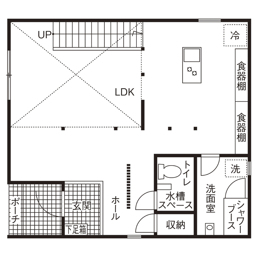 ＩＤ アーキテクチャル アトリエ 始まりは1台のテーブル。要望に応えながら機能的な空間として建てられた事務所兼別荘のような家の間取り図（LDK＋2フリースペース）1階