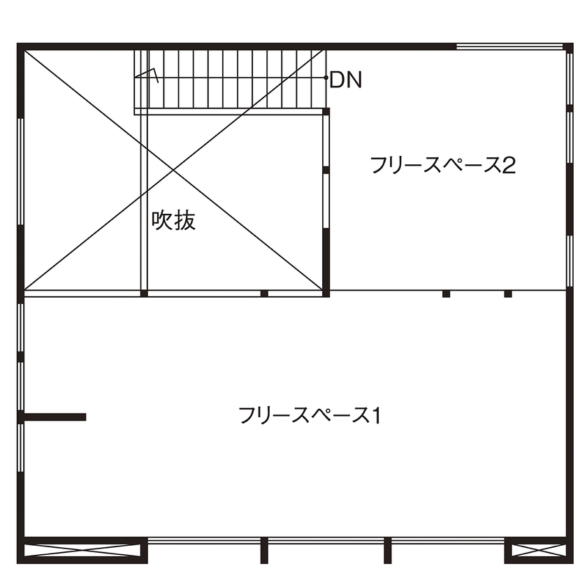 ＩＤ アーキテクチャル アトリエ 始まりは1台のテーブル。要望に応えながら機能的な空間として建てられた事務所兼別荘のような家の間取り図（LDK＋2フリースペース）2階