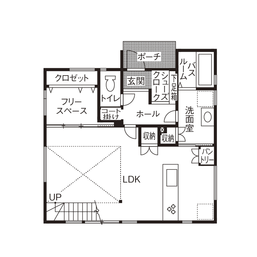 ＩＤ アーキテクチャル アトリエ 【札幌市/夫婦2人暮らし/3LDK+1間取図】丁寧な提案で納得の住まいづくり、田園風景を望む開放感抜群の家の間取り図（3LDK+フリースペース）1階