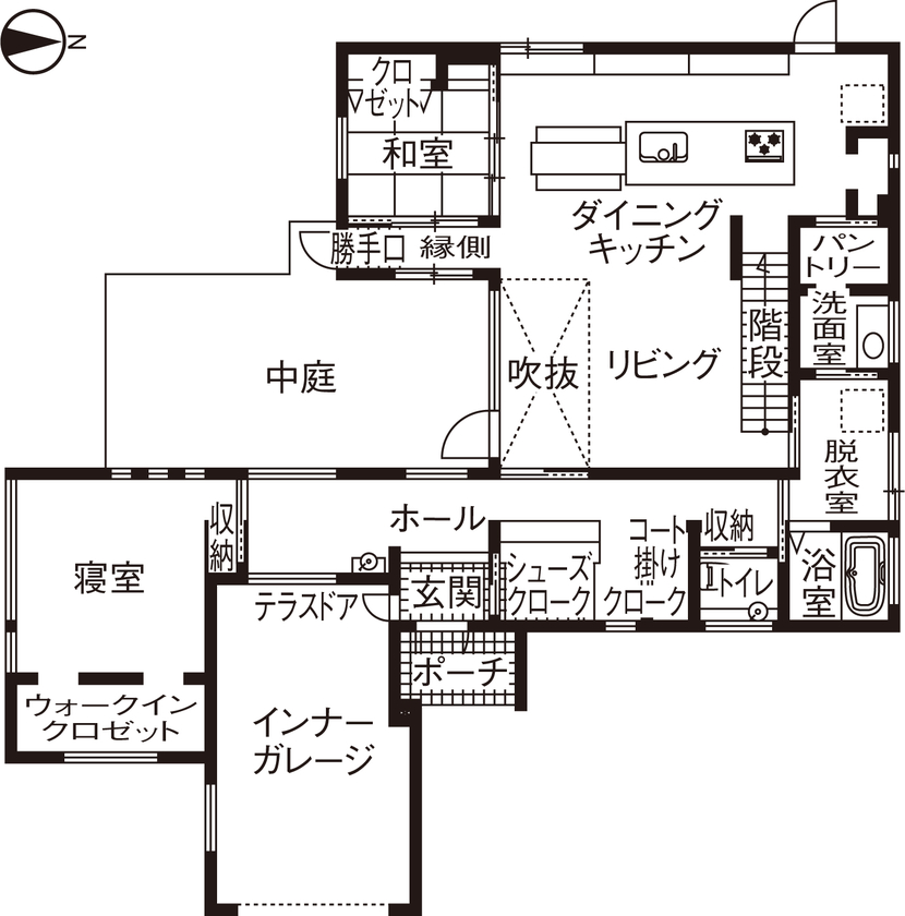 ＩＤ アーキテクチャル アトリエ 【札幌市】ぐるっと回れる回遊動線、中庭を囲むコの字型で自然光溢れる開放的なビルトインガレージハウスの間取り図（3LDK+フリースペース）1階