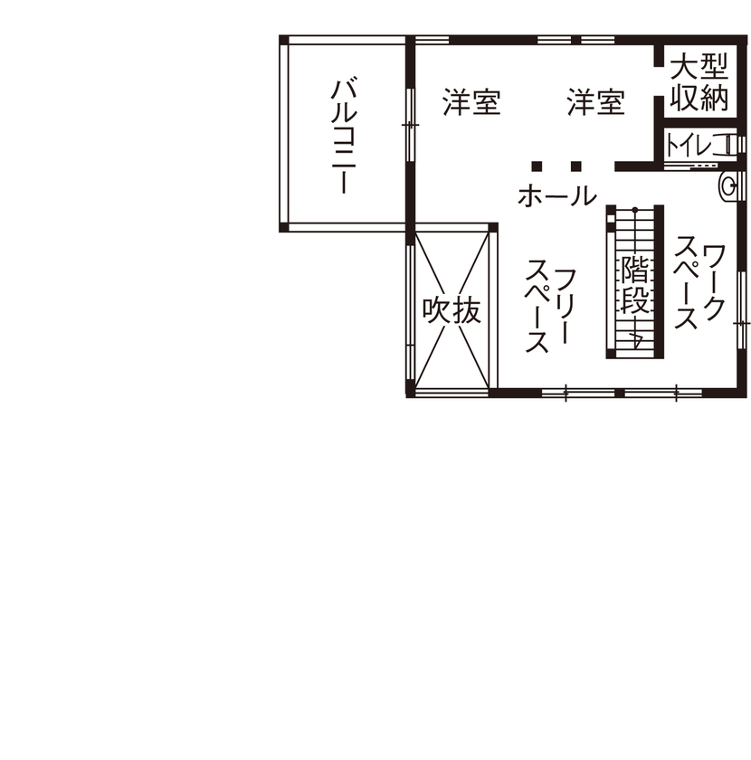 ＩＤ アーキテクチャル アトリエ 【札幌市】ぐるっと回れる回遊動線、中庭を囲むコの字型で自然光溢れる開放的なビルトインガレージハウスの間取り図（3LDK+フリースペース）2階