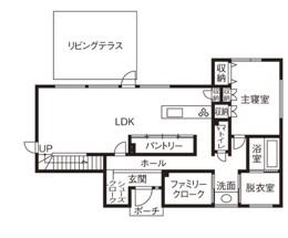 ＩＤ アーキテクチャル アトリエ 【小樽市/3LDK間取り図/テラス/床暖】自然豊かなガーデンの風情彩るリゾート感あふれる家づくりの間取り図（3LDK＋テラス）1階