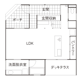 国松工務店 【建築家デザイン】角地を生かした独特な外観デザイン。かっこよさと機能性を追求した暮らしやすい家の間取り図（3LDK）１階