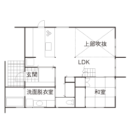 国松工務店 【2000万円台で建つ実例×間取り図】オシャレなカフェを目指した、緑と一体になれる吹抜けのある開放的な家の間取り図（3LDK）１階