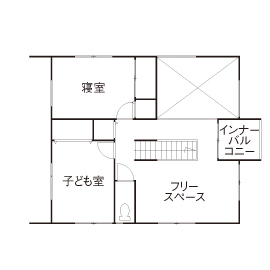 国松工務店 【2000万円台で建つ実例×間取り図】オシャレなカフェを目指した、緑と一体になれる吹抜けのある開放的な家の間取り図（3LDK）２階
