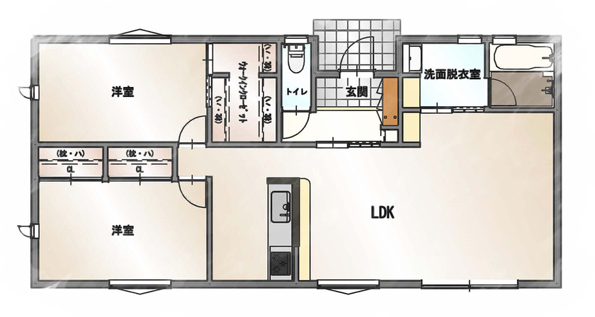 SUNSHOW 夢ハウス 岐阜・美濃加茂スタジオ 【平屋/1000万円台/20坪台/2LDK】変形地にも実現可能、愛犬用の庭も確保したハイセンスでコンパクトな平屋の間取り図（2LDK+WIC）1階
