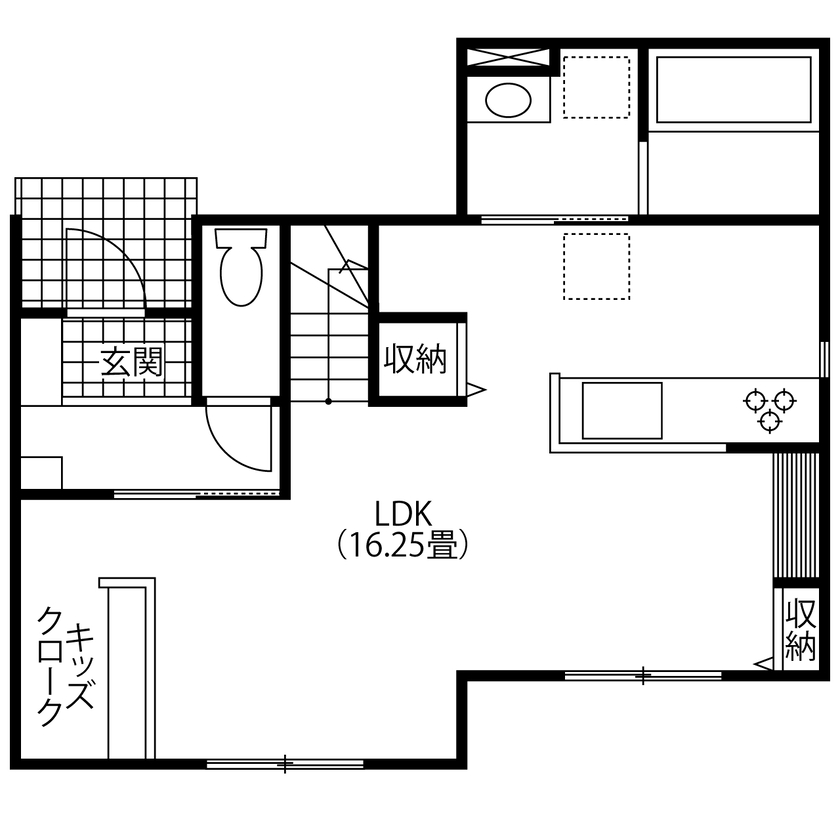 SUNSHOW 夢ハウス 岐阜・美濃加茂スタジオ 【1000万円台/20坪台】4LDK/リビングに「キッズクローク」ハイブリッド給湯器の導入で高い省エネ効果を実現の間取り図（4LDK）1階