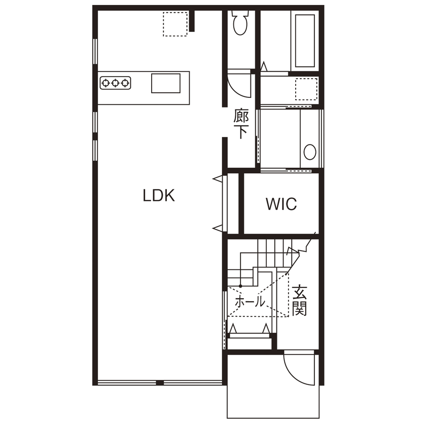 アーキテクト/一級建築士事務所 【大阪府泉佐野市/2000万円台/間取り図掲載】玄関の鉄骨階段が映える家。広々LDKで家族5人がゆったりとの間取り図（4LDK+S）1階