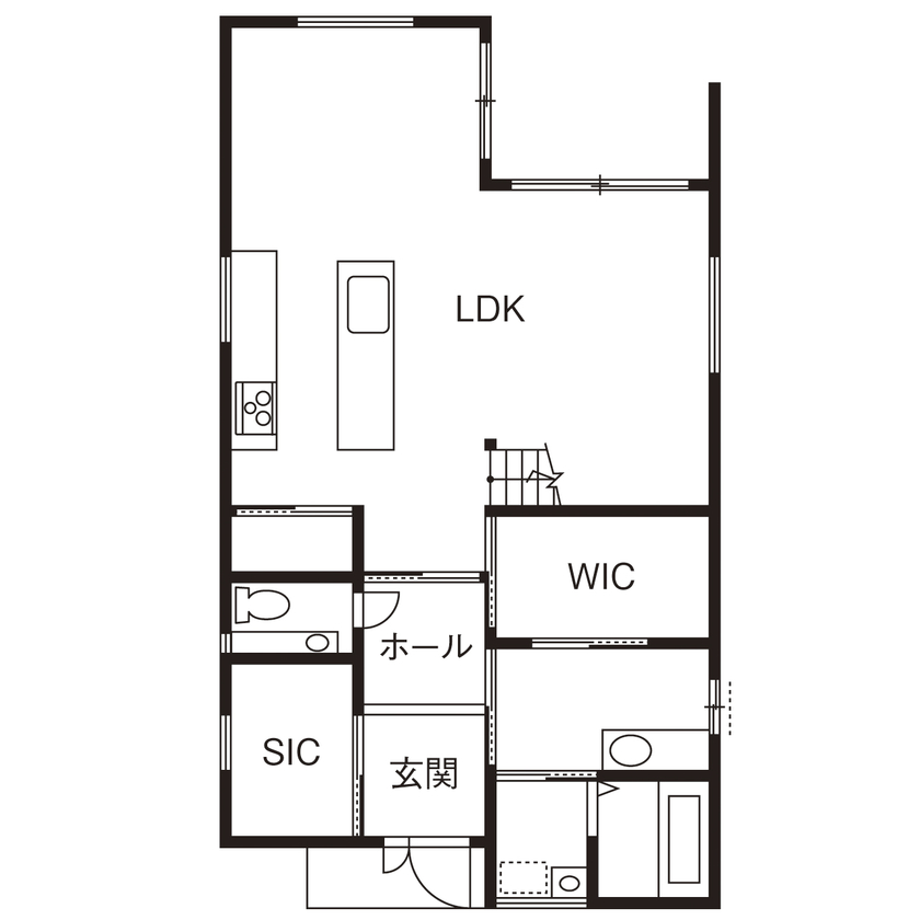 アーキテクト/一級建築士事務所 【大阪府堺市/間取り図掲載】スキップフロアにボルダリングウォール。アクティブな家族が元気に暮らす家の間取り図（3LDK+S）1階