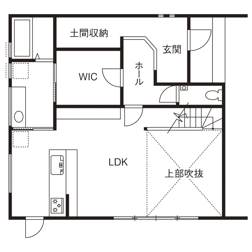 アーキテクト/一級建築士事務所 【大阪府泉佐野市/2000万円台/間取り図掲載】スタイリッシュなフレームハウス。大胆な吹抜けが家族をつなぐの間取り図（3LDK+S）1階