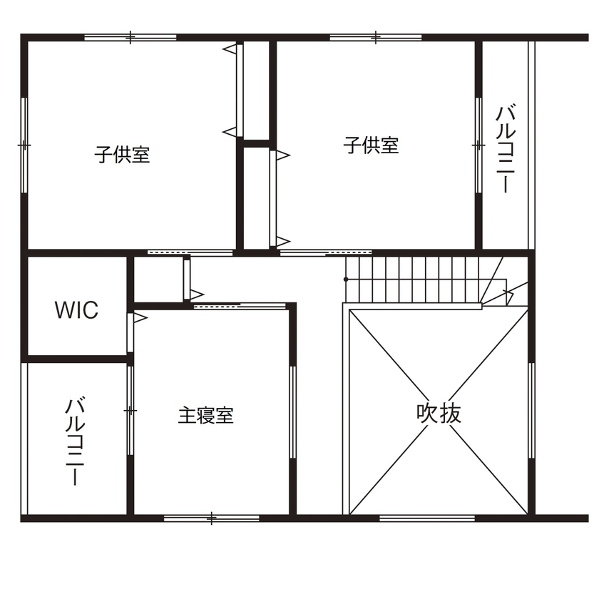 アーキテクト/一級建築士事務所 【大阪府泉佐野市/2000万円台/間取り図掲載】スタイリッシュなフレームハウス。大胆な吹抜けが家族をつなぐの間取り図（3LDK+S）2階