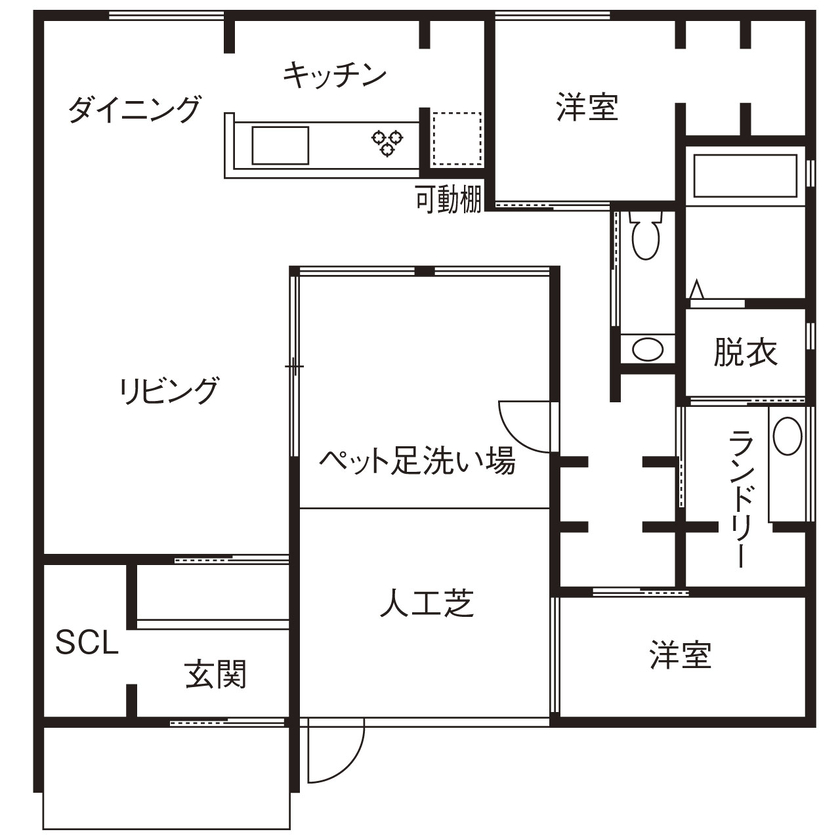アーキテクト/一級建築士事務所 【橋本市/ホテルライク/平屋/中庭/BBQ/2000万円台/間取り図】コの字型「ワンちゃんファースト」の住まいの間取り図（2LDK＋WCL＋SCL）１階