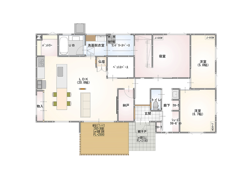 いち建 【3000万円台／30坪台／平屋／長期優良住宅／間取り図有】人もペットも快適。暮らしを豊かにする家の間取り図（3LDK）1階