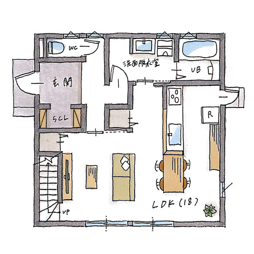 シンプルハウス 【1500万円以下/30坪台/間取り図】黒ガルバの窓がない家。開放的なリビングで心地好く暮らす/1000万円台の間取り図（2LDK）１階