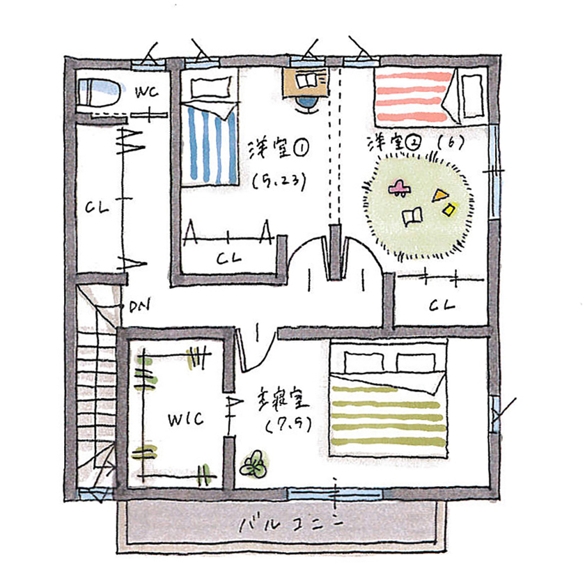 シンプルハウス 【1500万円以下/30坪台/間取り図】黒ガルバの窓がない家。開放的なリビングで心地好く暮らす/1000万円台の間取り図（2LDK）２階